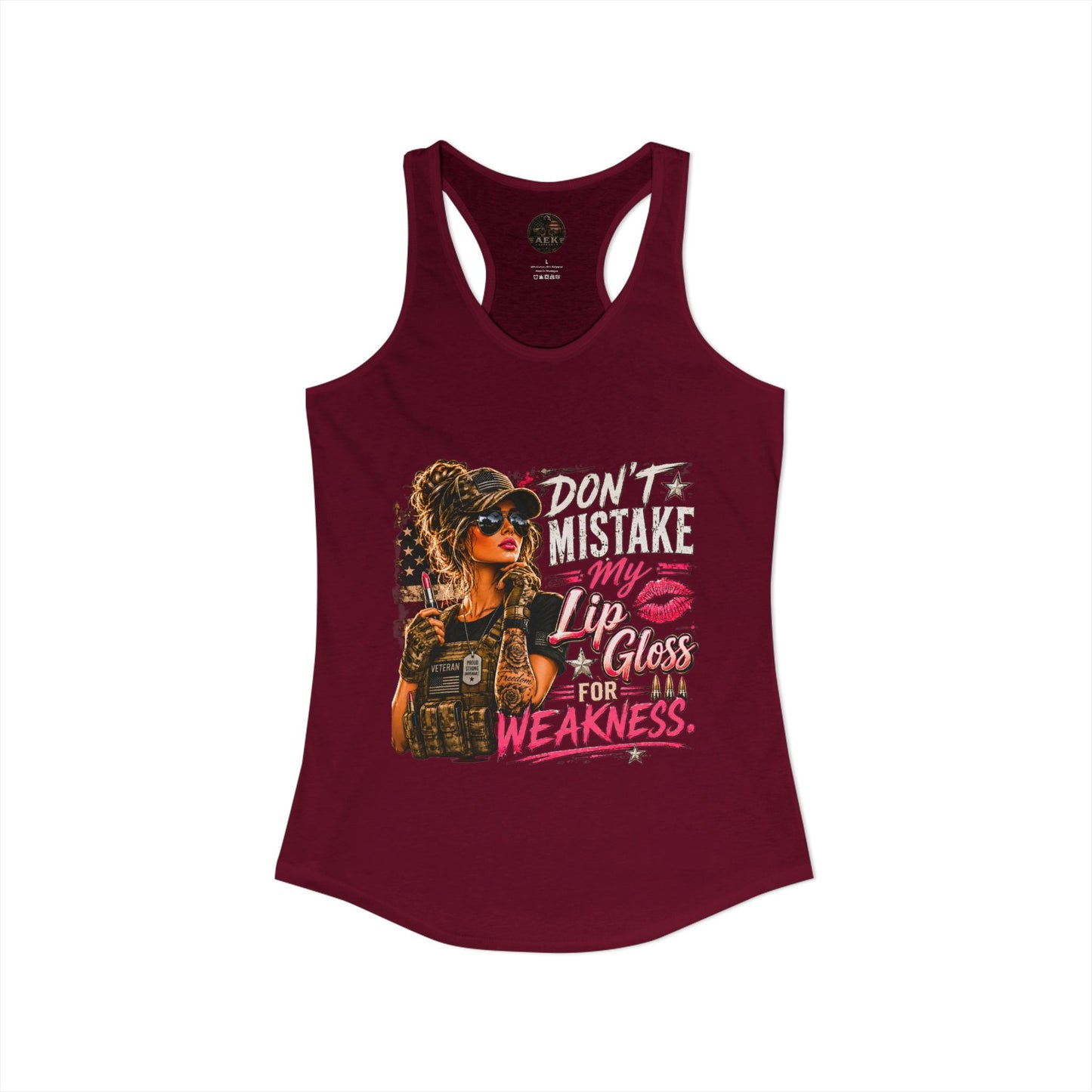 Women's Racerback Tank - "Don't Mistake My Lip Gloss for Weakness"