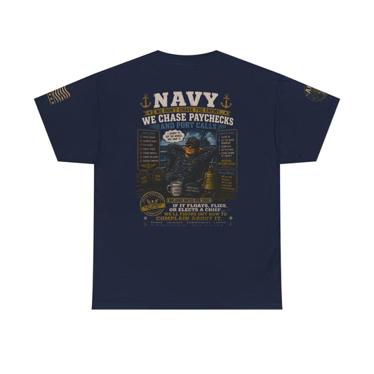 Navy Veteran Graphic Tee with maritime emblem and distressed navy collage on soft cotton fabric