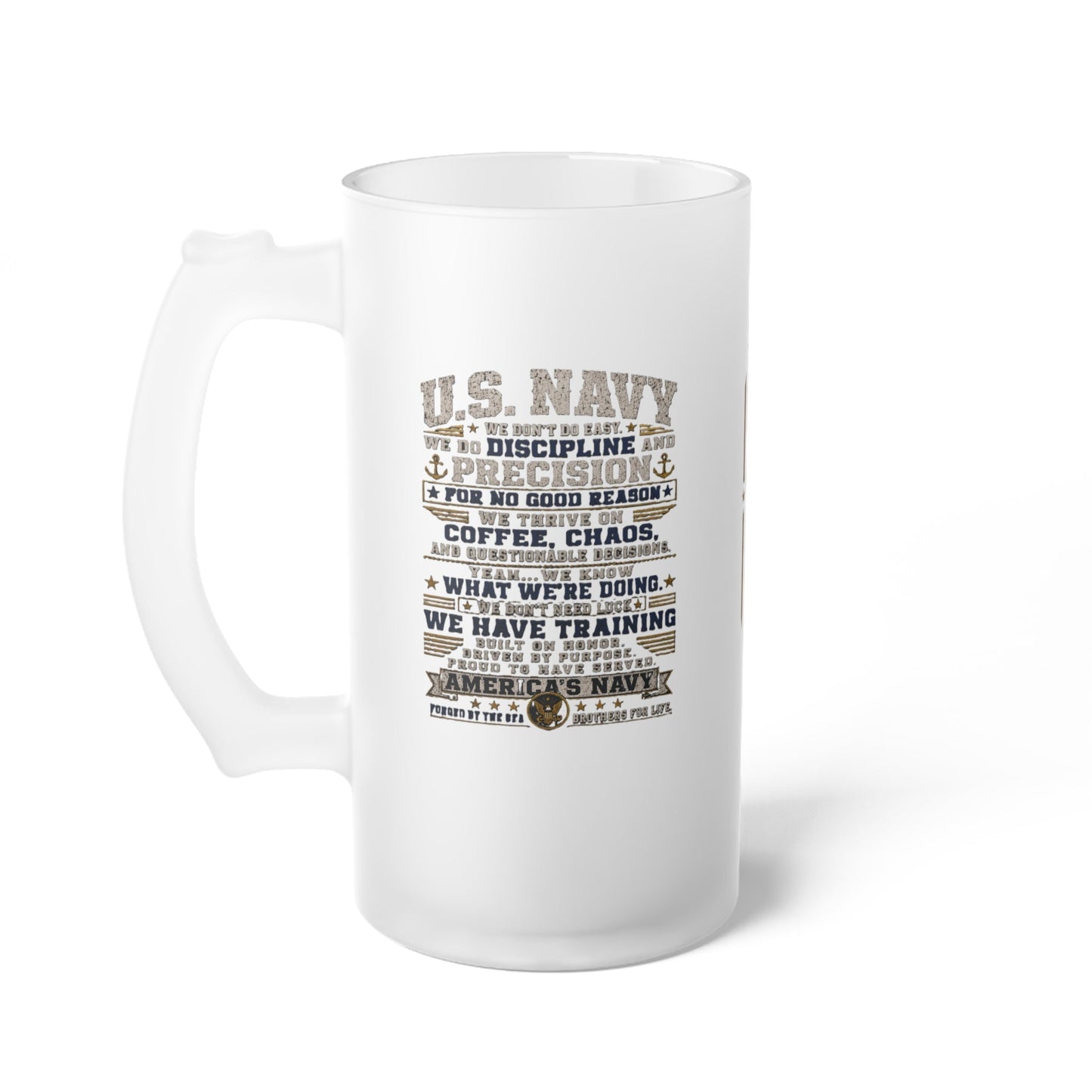 Frosted glass beer mug with U.S. Navy Veteran wraparound print and tall handle on wooden table