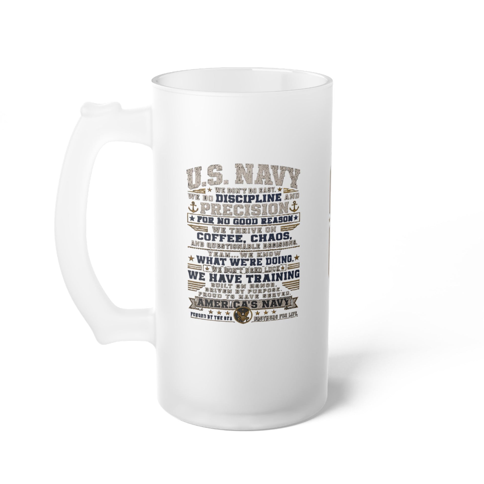 Frosted glass beer mug with U.S. Navy Veteran wraparound print and tall handle on wooden table