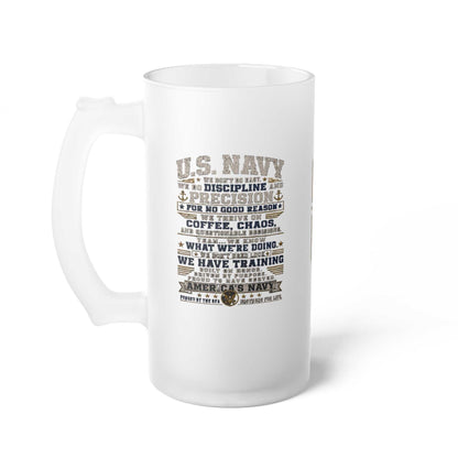 Frosted glass beer mug with U.S. Navy Veteran wraparound print and tall handle on wooden table