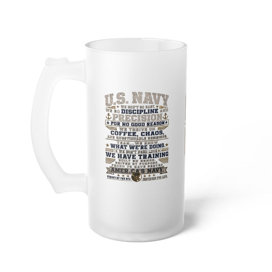 Frosted glass beer mug with U.S. Navy Veteran wraparound print and tall handle on wooden table