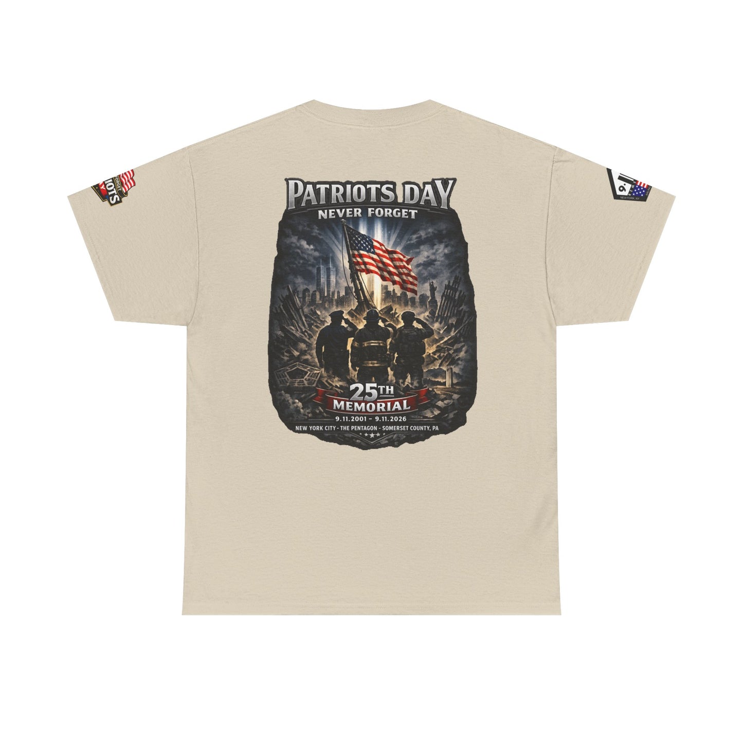 NYPD, FDNY, PAPD-NYNJ Patriots Day Memorial Tee – "Never Forget" 25th Anniversary American Flag Shirt