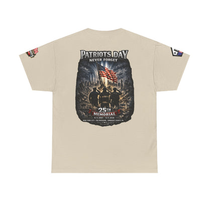 NYPD, FDNY, PAPD-NYNJ Patriots Day Memorial Tee – "Never Forget" 25th Anniversary American Flag Shirt