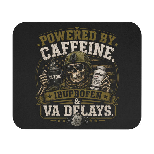 Rectangular mouse pad with distressed skull, coffee mug, and pill bottle design, featuring "Powered by Caffeine" text and non-slip base