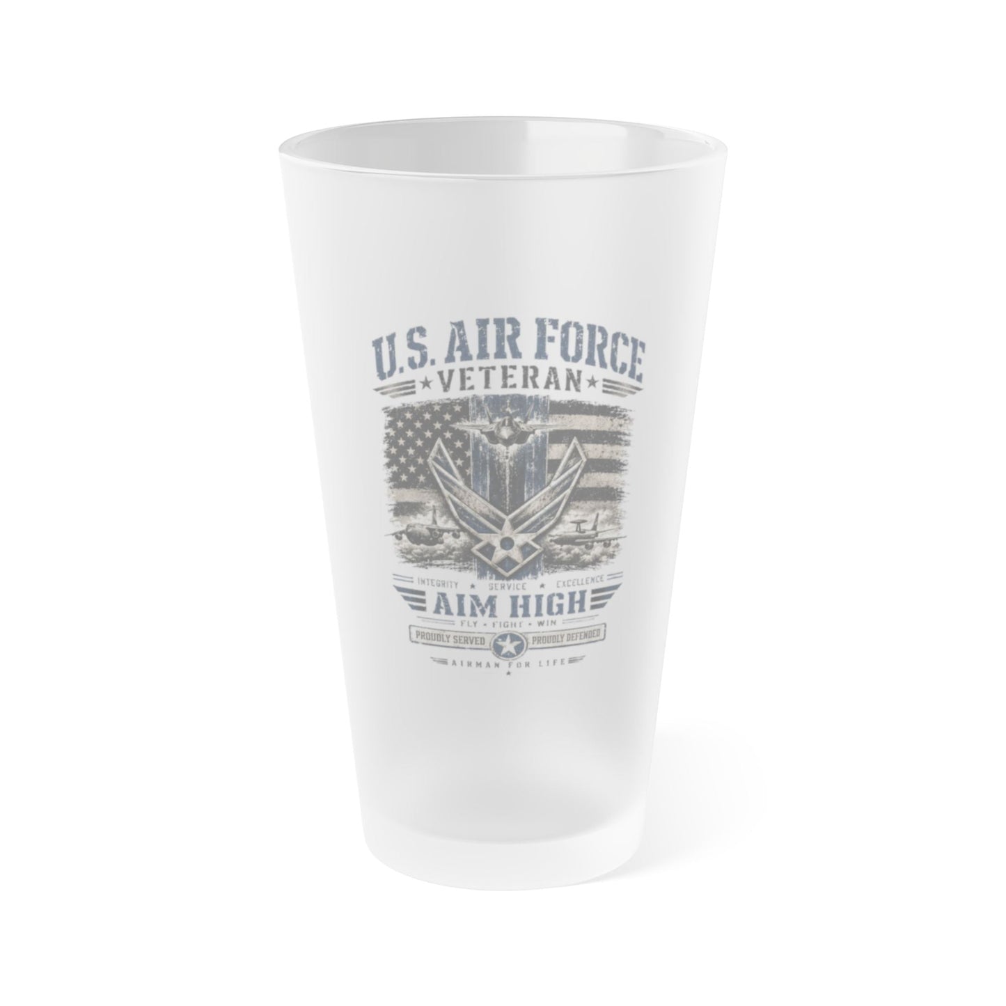 Frosted 16oz Air Force Veteran pint glass with vintage military tribute design