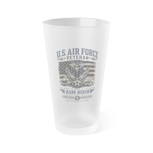 Frosted 16oz Air Force Veteran pint glass with vintage military tribute design