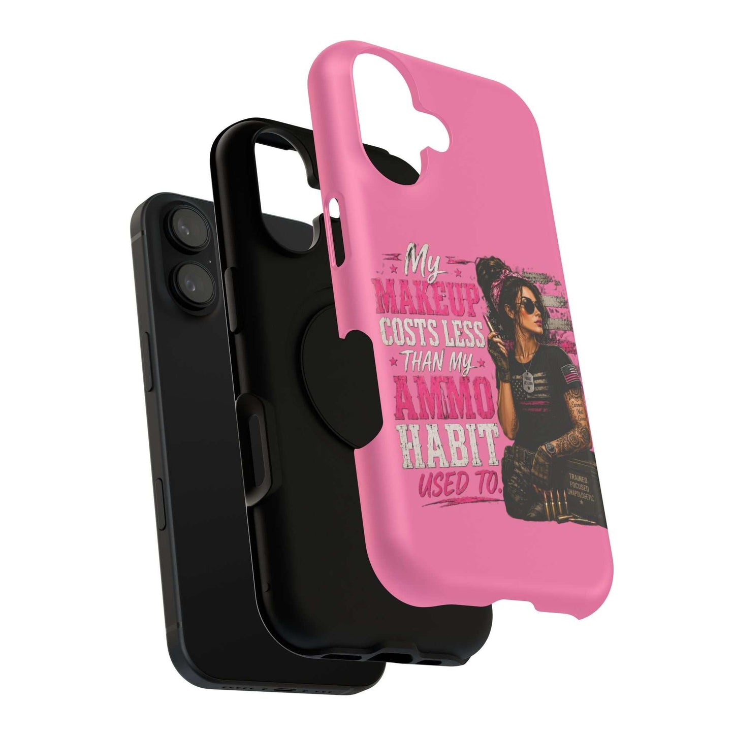 Impact-Resistant Phone Case — "My Makeup Costs Less Than My Ammo Habit Used To" Pink Tactical Design
