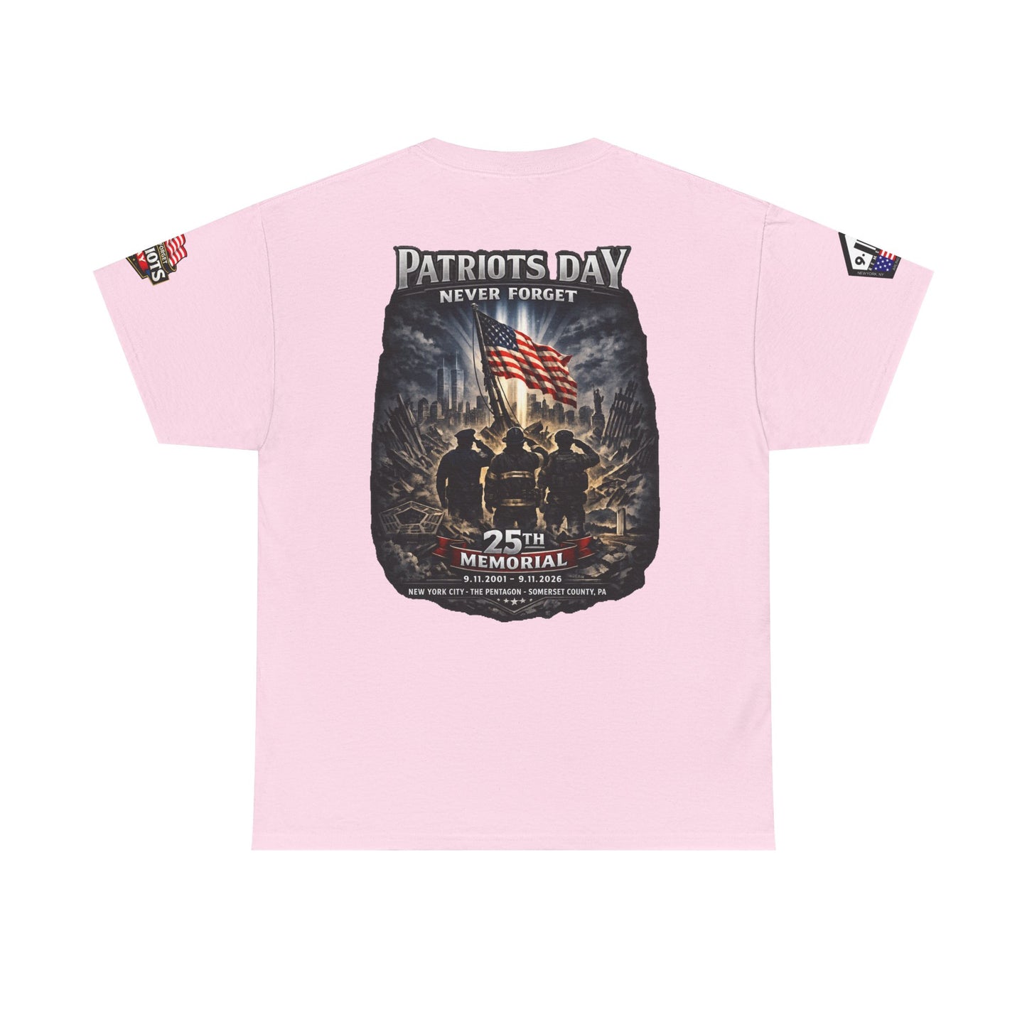NYPD, FDNY, PAPD-NYNJ Patriots Day Memorial Tee – "Never Forget" 25th Anniversary American Flag Shirt