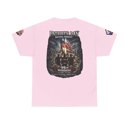 NYPD, FDNY, PAPD-NYNJ Patriots Day Memorial Tee – "Never Forget" 25th Anniversary American Flag Shirt