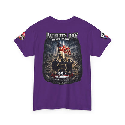 NYPD, FDNY, PAPD-NYNJ Patriots Day Memorial Tee – "Never Forget" 25th Anniversary American Flag Shirt