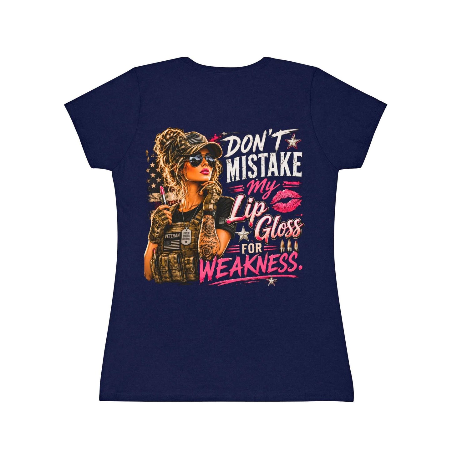 Women's Military-Inspired T-Shirt — "Don't Mistake My Lip Gloss for Weakness" Graphic Tee