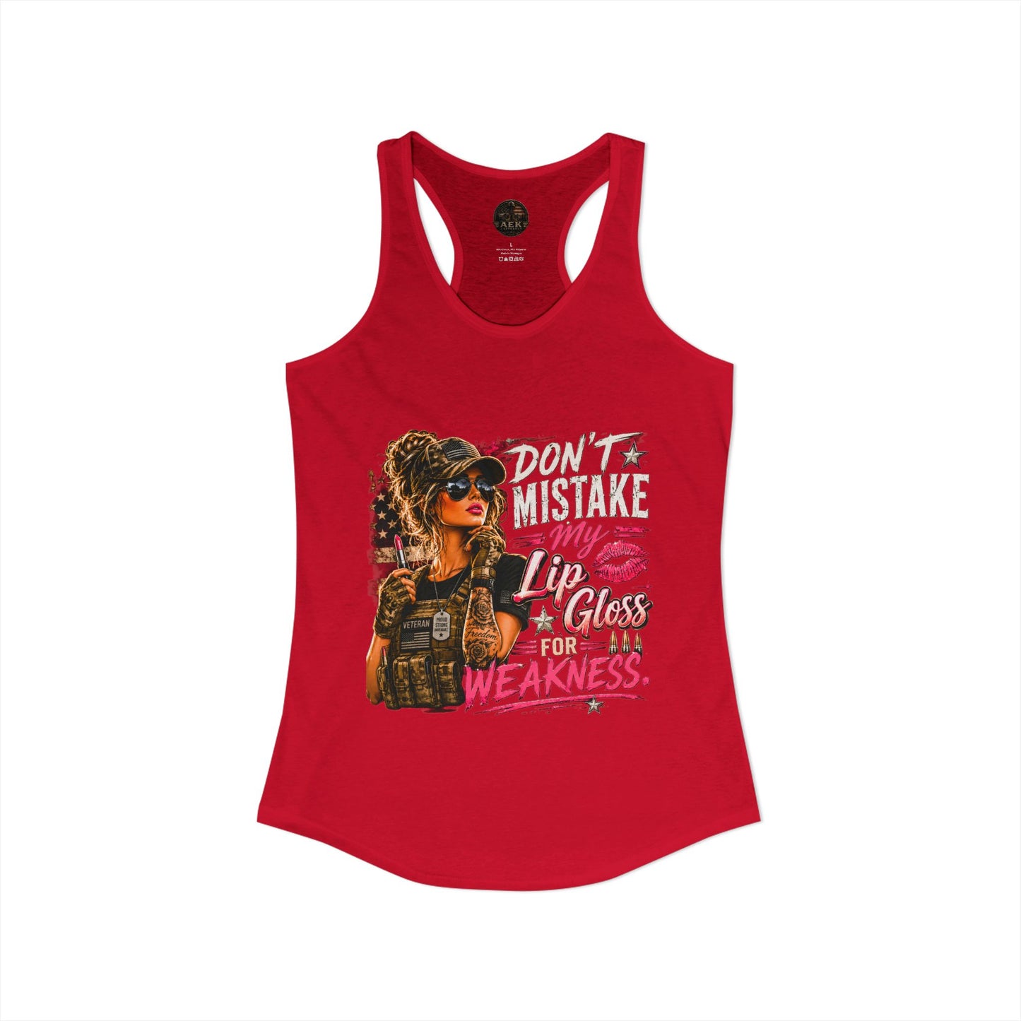 Women's Racerback Tank - "Don't Mistake My Lip Gloss for Weakness"
