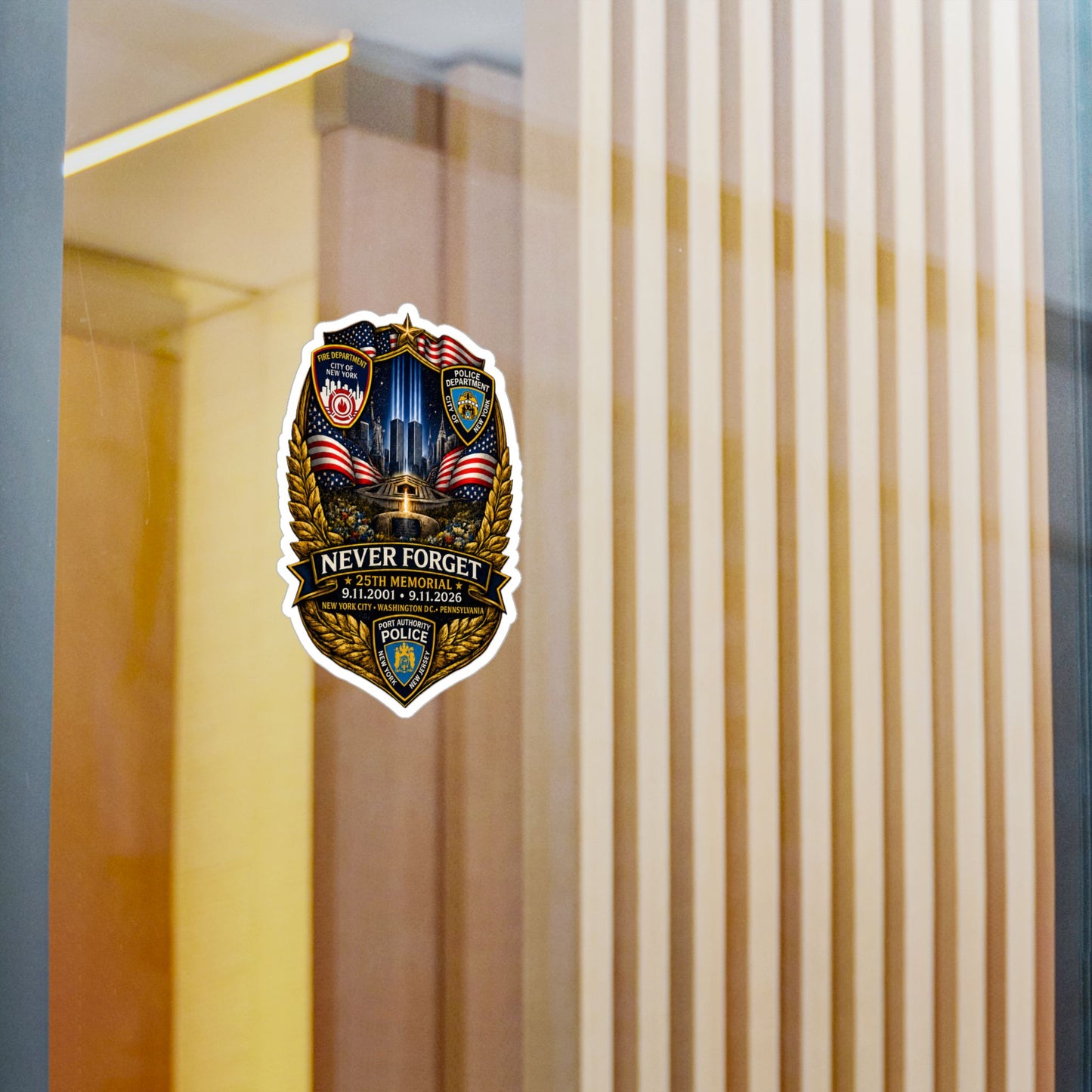 9/11 Never Forget Shield Kiss-Cut Vinyl Decal — NYPD, FDNY, PAPDNYNJ Memorial Sticker
