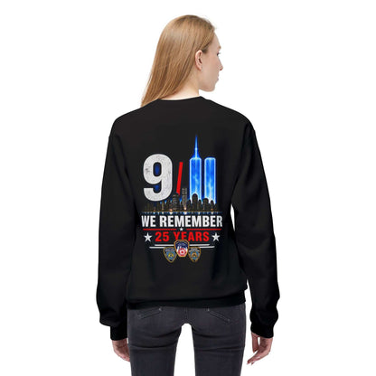 9/11 We Remember 25 Years crewneck sweatshirt with commemorative front and back graphic in soft cotton blend