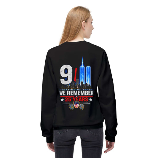 9/11 We Remember 25 Years crewneck sweatshirt with commemorative front and back graphic in soft cotton blend