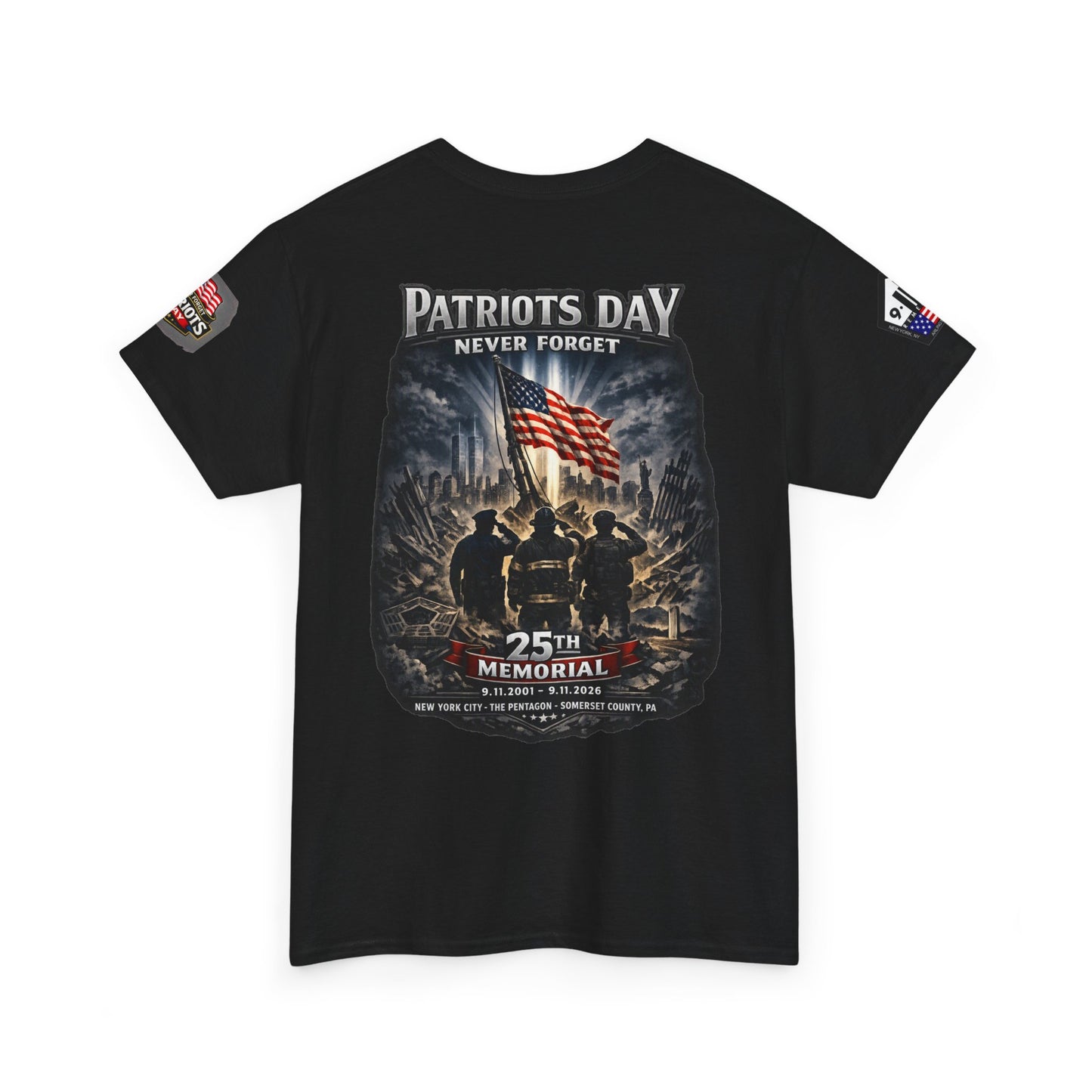 NYARNG Patriots Day Memorial Tee – "Never Forget" 25th Anniversary American Flag Shirt