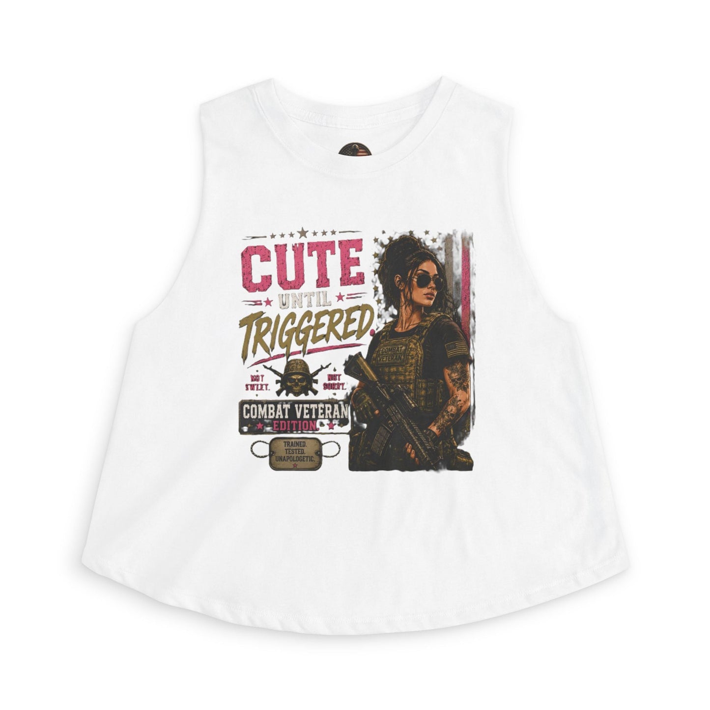 Black crop top with "Cute Until Triggered" combat veteran graphic and raw edge sleeves