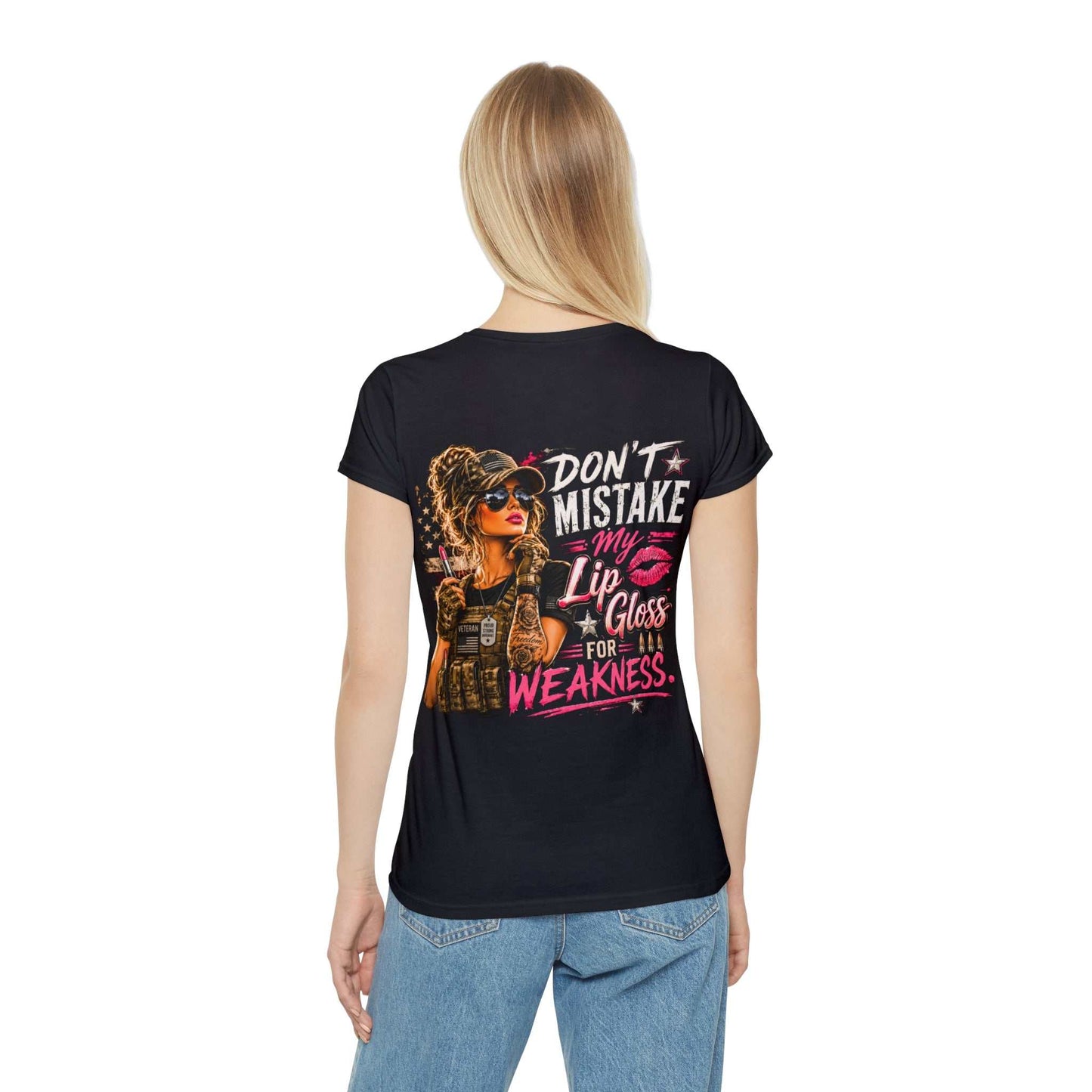 Women's Military-Inspired T-Shirt — "Don't Mistake My Lip Gloss for Weakness" Graphic Tee