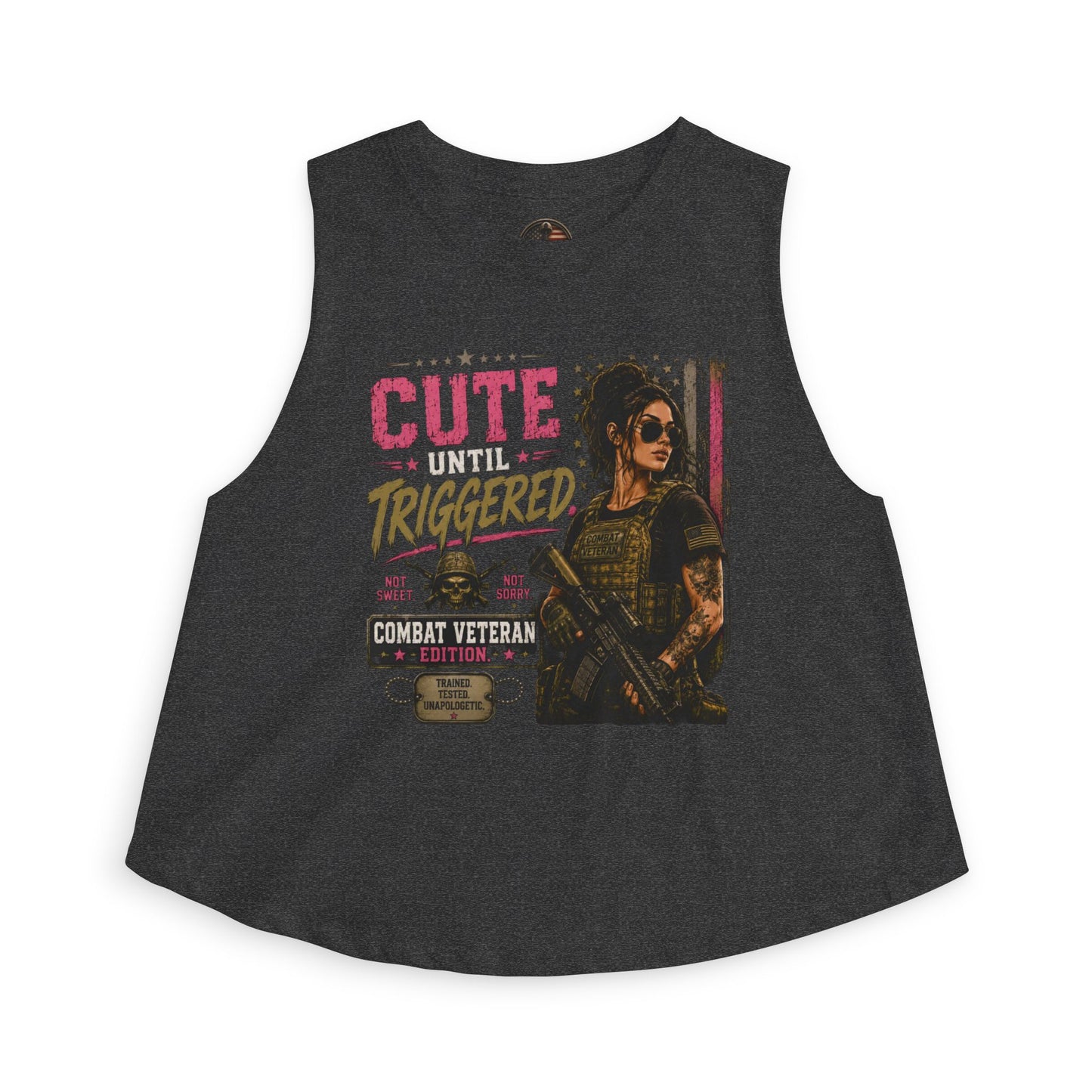 Crop Top — "Cute Until Triggered" Combat Veteran Graphic Tank
