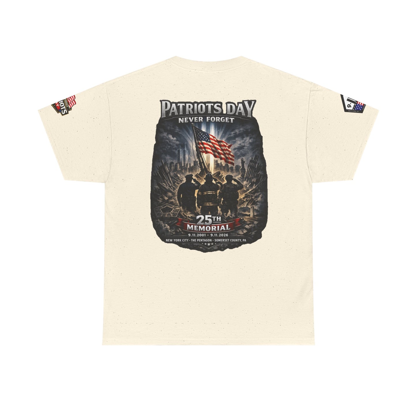 NYPD, FDNY, PAPD-NYNJ Patriots Day Memorial Tee – "Never Forget" 25th Anniversary American Flag Shirt