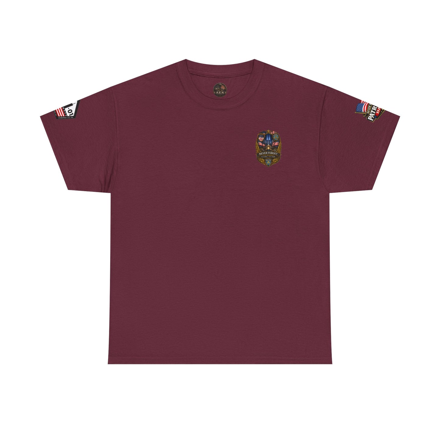 NYPD, FDNY, PAPD-NYNJ Patriots Day Memorial Tee – "Never Forget" 25th Anniversary American Flag Shirt