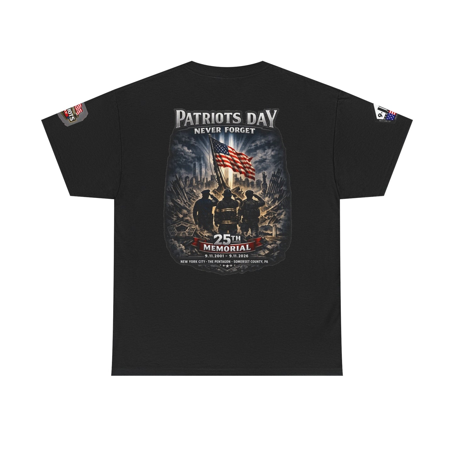 Patriots Day Memorial Tee with 25th Anniversary American Flag design and commemorative sleeve patches