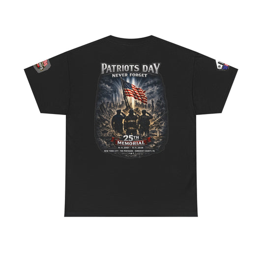 Patriots Day Memorial Tee with 25th Anniversary American Flag design and commemorative sleeve patches