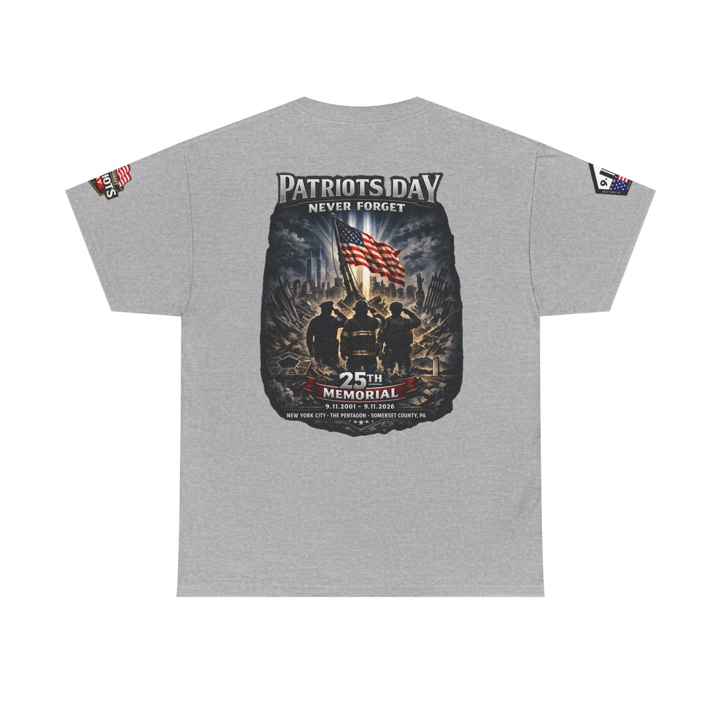 NYPD, FDNY, PAPD-NYNJ Patriots Day Memorial Tee – "Never Forget" 25th Anniversary American Flag Shirt