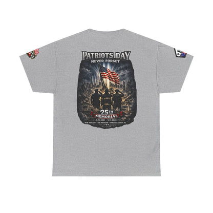 NYPD, FDNY, PAPD-NYNJ Patriots Day Memorial Tee – "Never Forget" 25th Anniversary American Flag Shirt