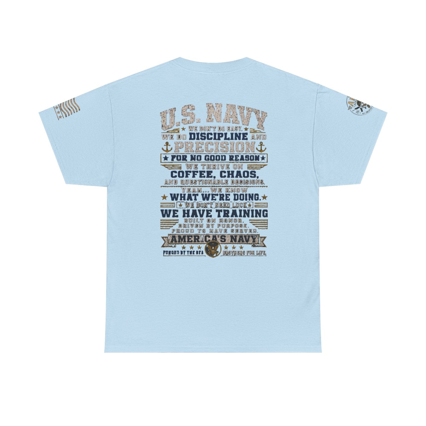 U.S. Navy vintage graphic tee with military pride back print and sleeve designs on 100% cotton shirt