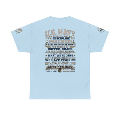 U.S. Navy vintage graphic tee with military pride back print and sleeve designs on 100% cotton shirt