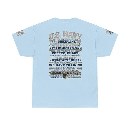 U.S. Navy vintage graphic tee with military pride back print and sleeve designs on 100% cotton shirt