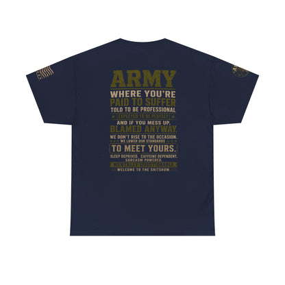 Army Quote Tee — “Army: Where You’re Paid to Suffer” Military Graphic T-Shirt