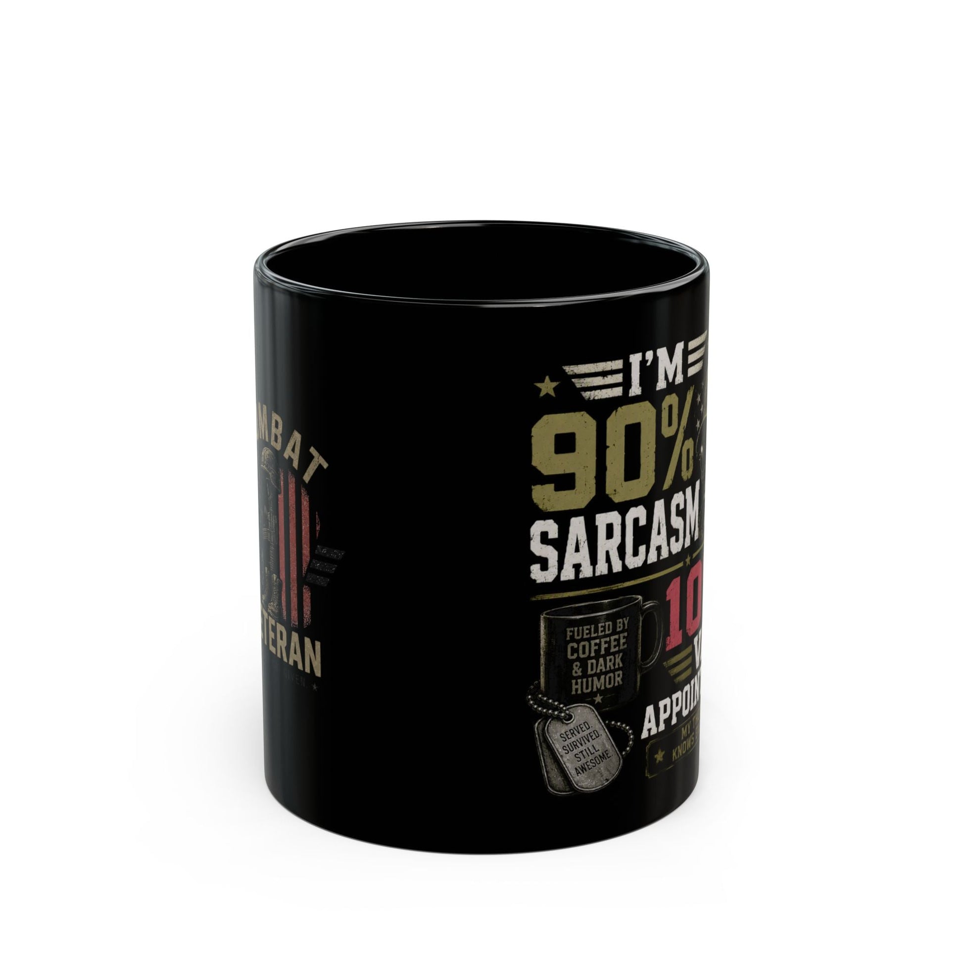Glossy black ceramic veteran coffee mug with skull military cap design and sarcastic text