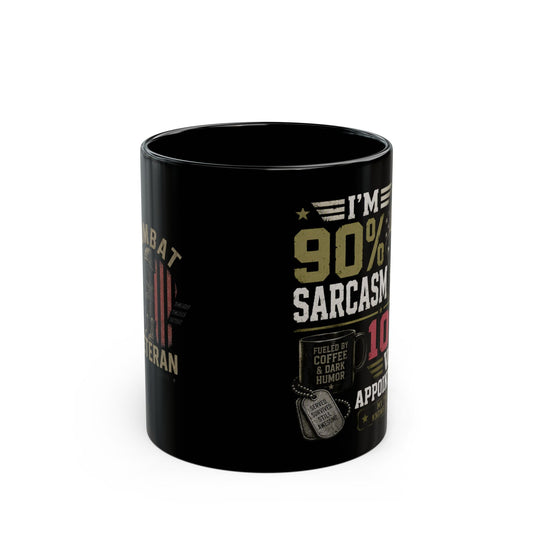 Glossy black ceramic veteran coffee mug with skull military cap design and sarcastic text