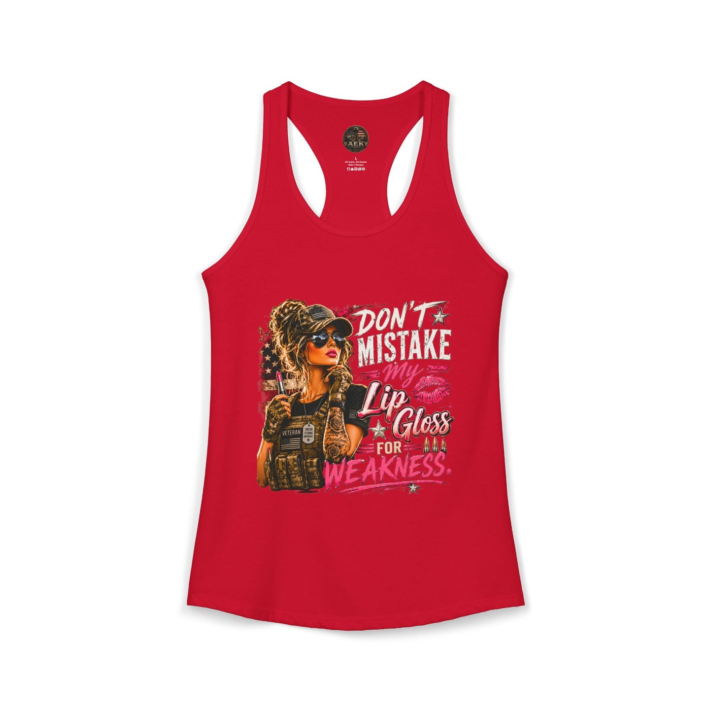 Women's Racerback Tank - "Don't Mistake My Lip Gloss for Weakness"