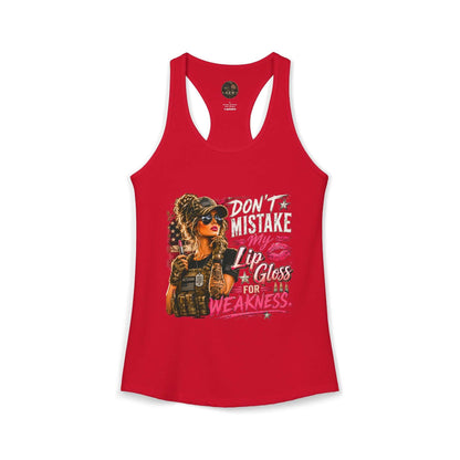 Women's Racerback Tank - "Don't Mistake My Lip Gloss for Weakness"