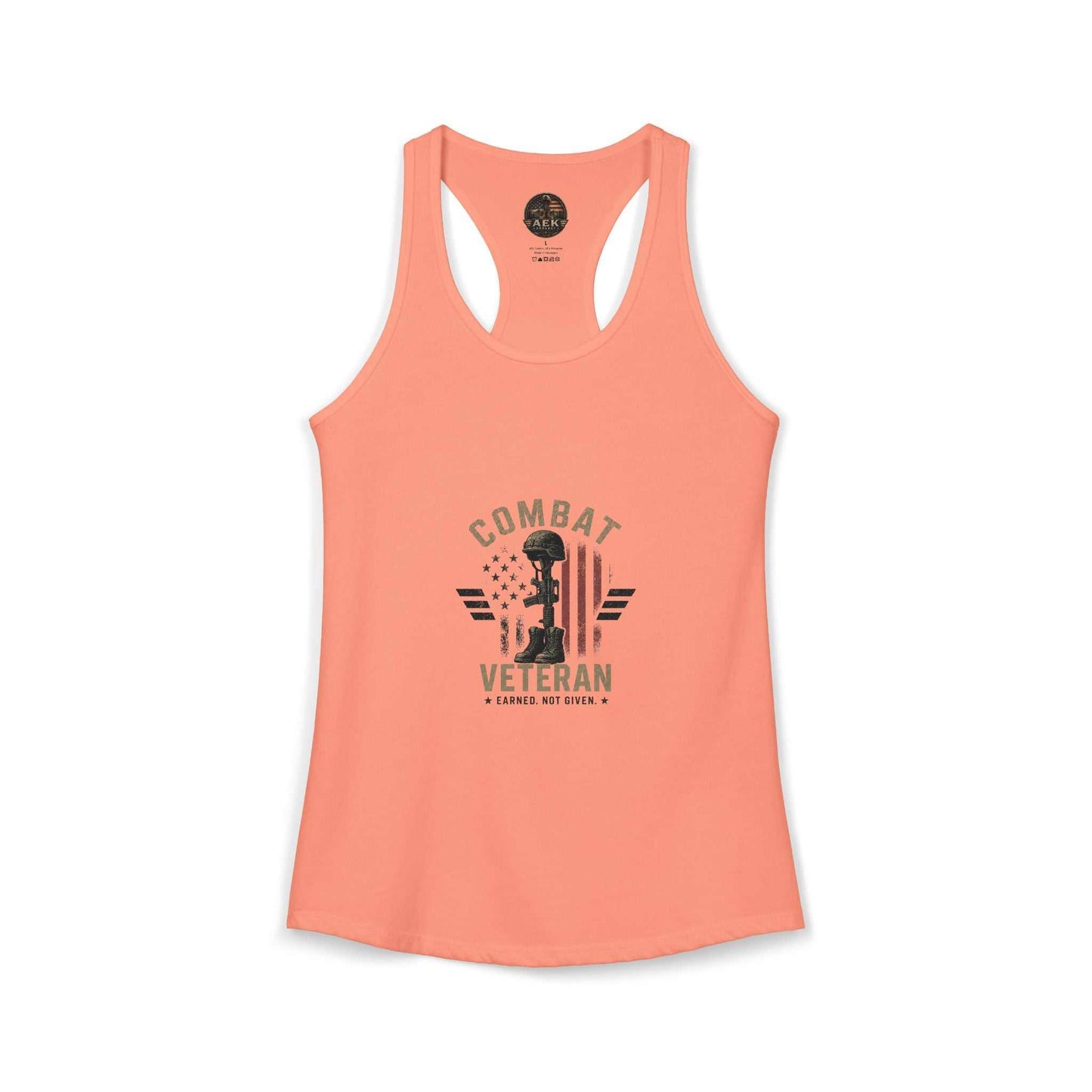 Women's Ideal Racerback Tank in black with "Princess? NO! Prior Service" combat veteran print and size guide table