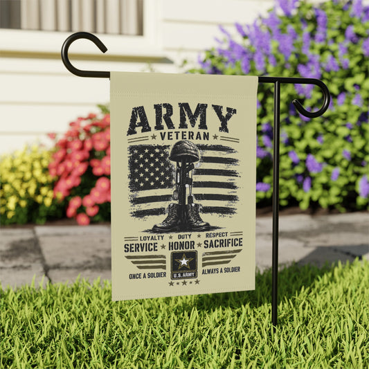 Army Veteran Garden Flag with distressed military design, helmet on rifle, and bold lettering honoring service and sacrifice