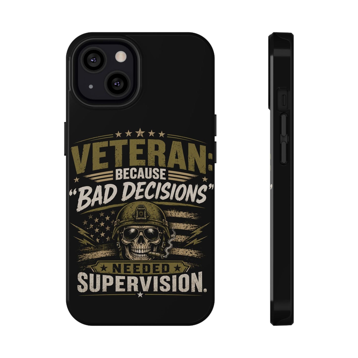 Veteran impact-resistant phone case with weathered skull, distressed stars and stripes, and bold slogan on matte or glossy finish