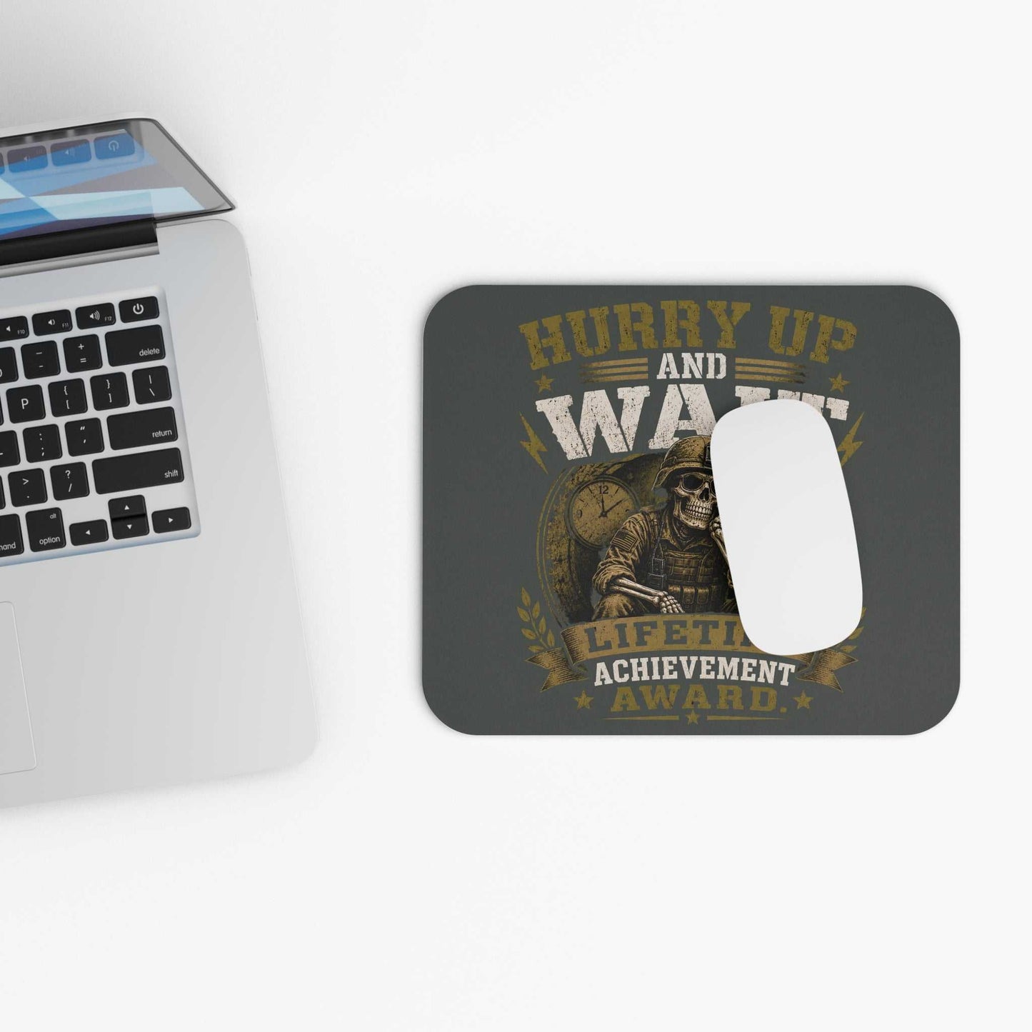 Mouse Pad — "Hurry Up and Wait" Military Skull Vintage Desk Mat