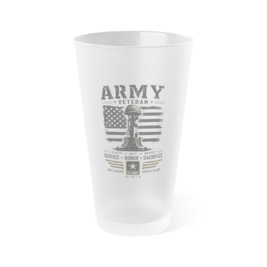 Army Veteran Frosted Pint Glass 16oz with vintage military tribute design, matte frosted finish, and semi-translucent print