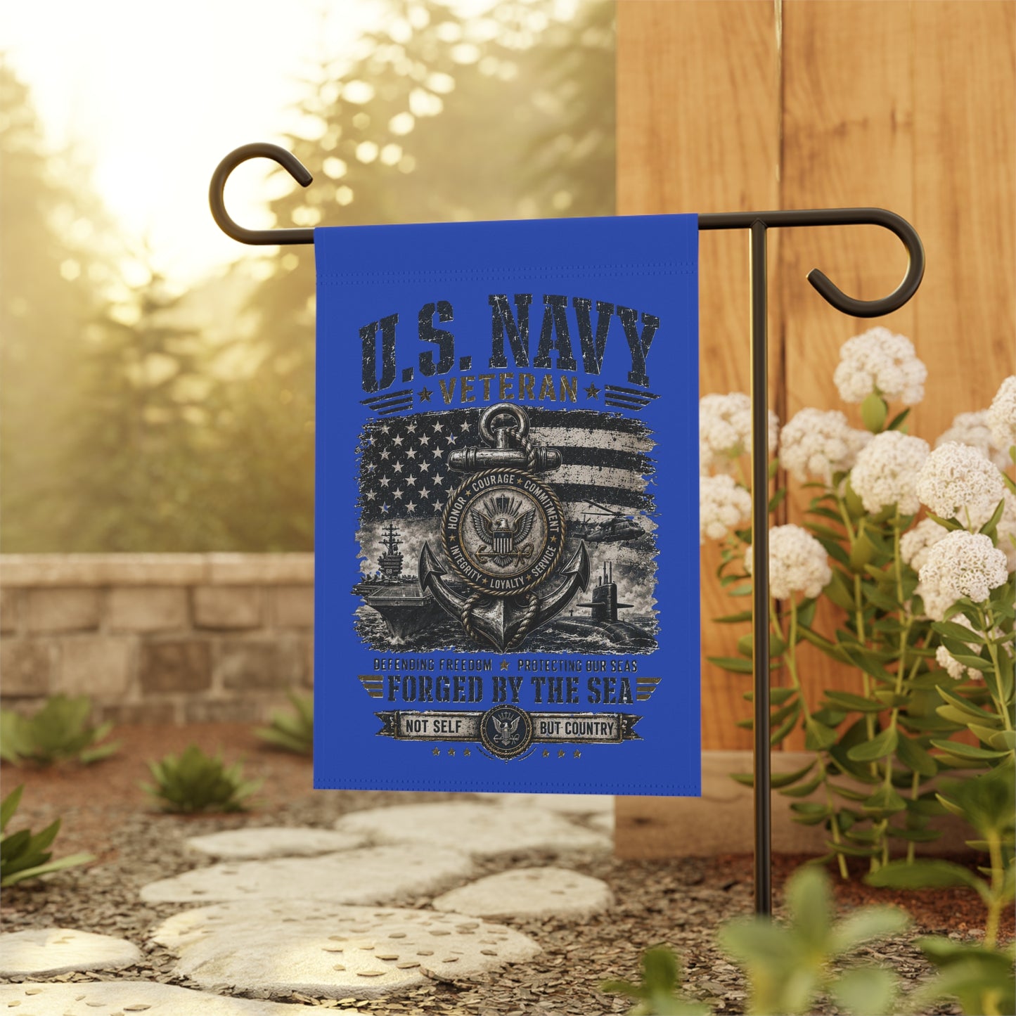 Navy Veteran Garden Flag — Forged By The Sea Memorial Banner
