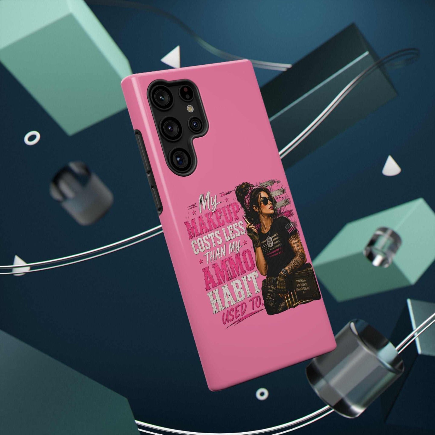 Impact-Resistant Phone Case — "My Makeup Costs Less Than My Ammo Habit Used To" Pink Tactical Design