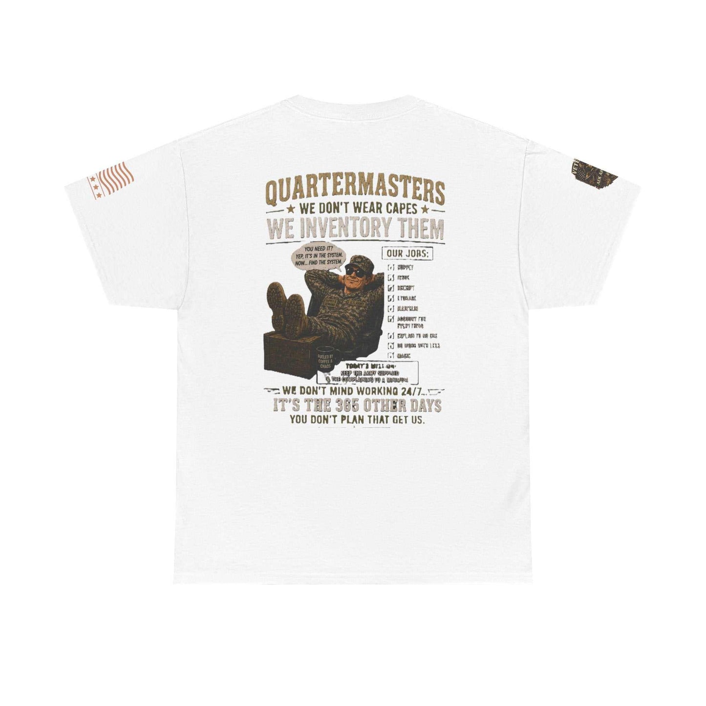 Quartermasters Graphic Tee – "We Don’t Wear Capes, We Inventory Them" Military Supply Shirt