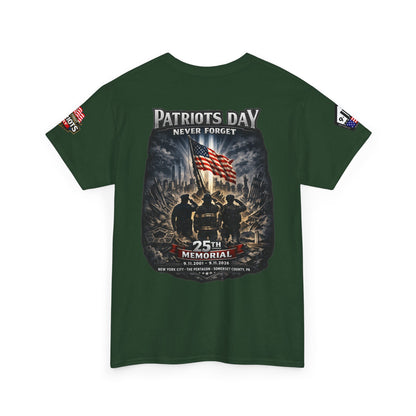 NYPD, FDNY, PAPD-NYNJ Patriots Day Memorial Tee – "Never Forget" 25th Anniversary American Flag Shirt