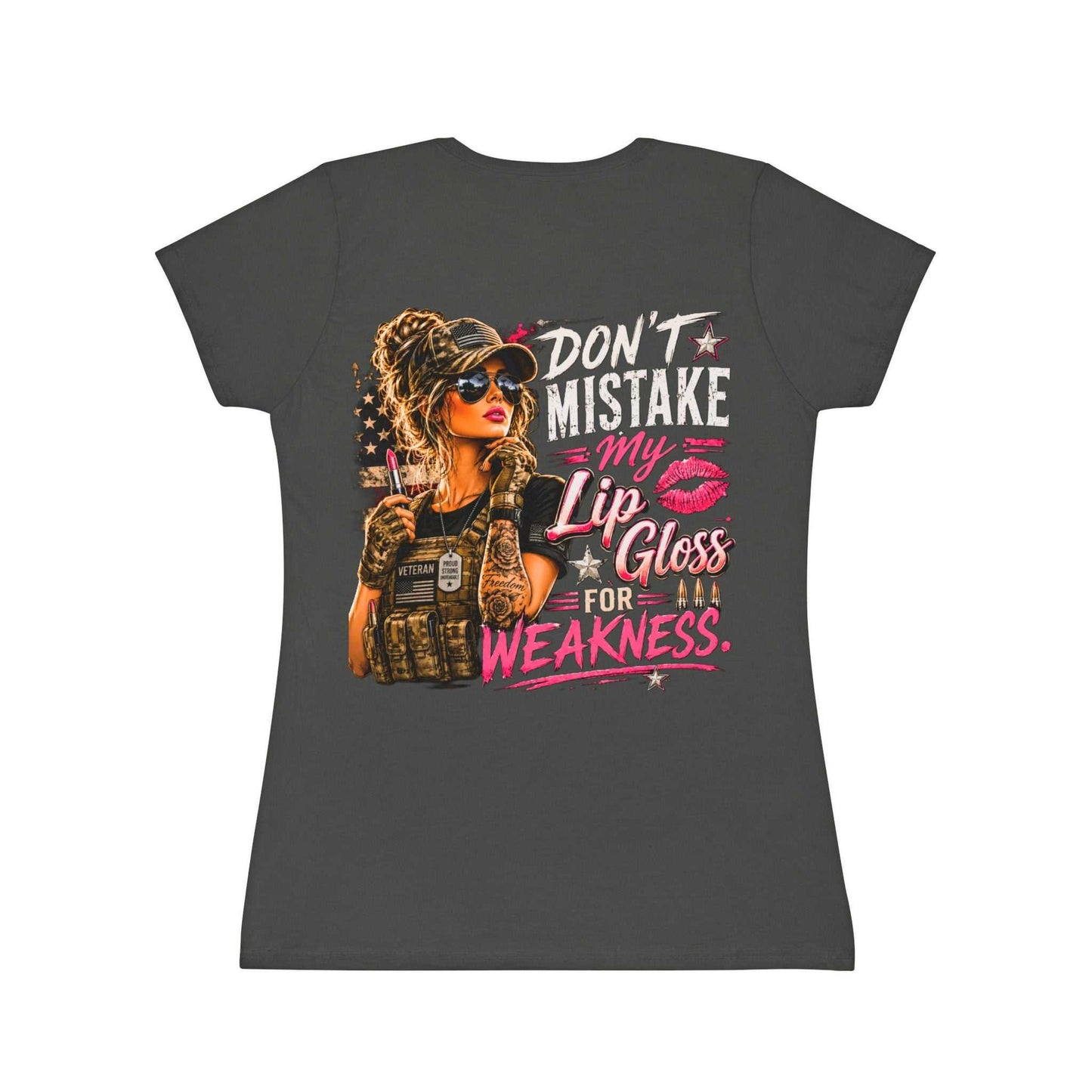 Women's Military-Inspired T-Shirt — "Don't Mistake My Lip Gloss for Weakness" Graphic Tee