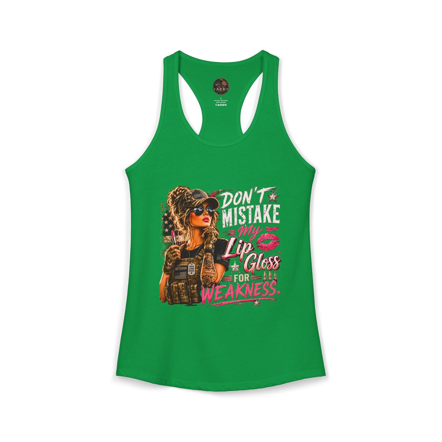 Women's Racerback Tank - "Don't Mistake My Lip Gloss for Weakness"