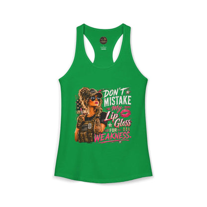 Women's Racerback Tank - "Don't Mistake My Lip Gloss for Weakness"